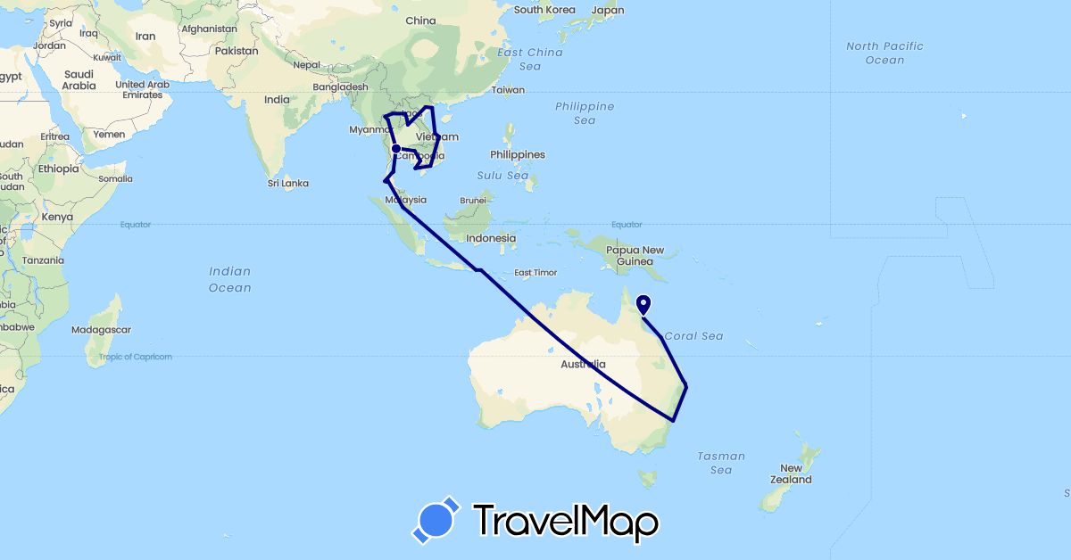TravelMap itinerary: driving in Australia, Indonesia, Cambodia, Laos, Malaysia, Singapore, Thailand, Vietnam (Asia, Oceania)